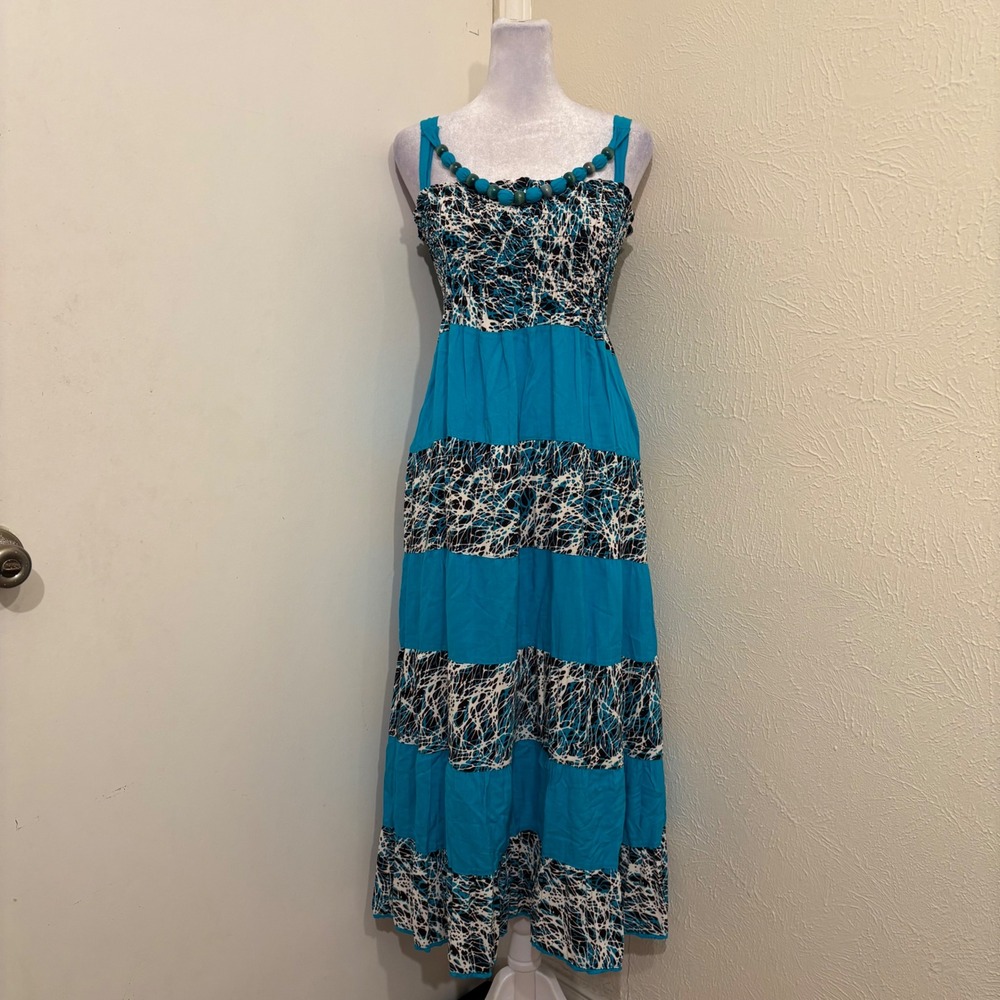 Turquoise Black Abstract Tiered Wooden Beads Maxi Dress Boho Hippie Retro Beach